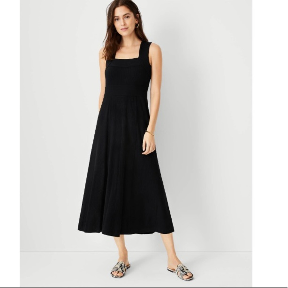 Ann Taylor Ribbed Square Neck Midi Flare Dress With Wide Straps